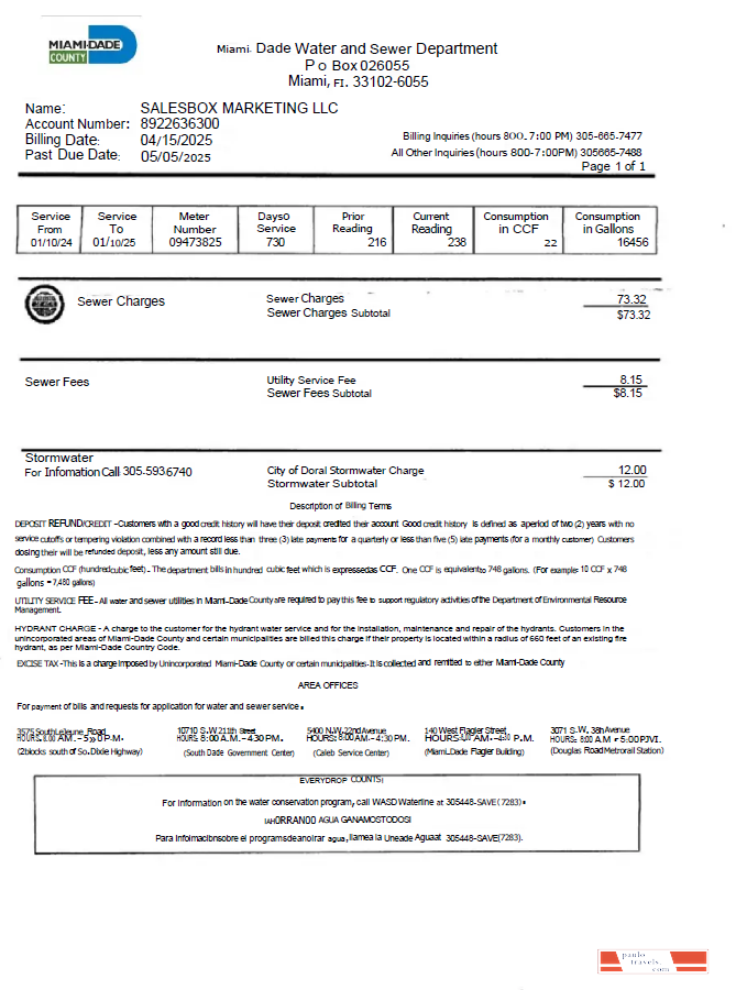 USA Miami Dade utility bill template in Word and PDF formats